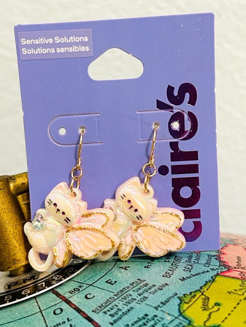 Claire's Pink Iridescent Cat Fairy Drop Earrings for girls Cat Jewelry earrings